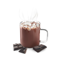 Cup of delicious hot chocolate on white background
