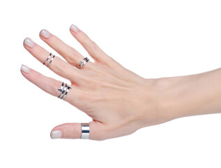 Beautiful female hand with rings on white background isolation