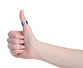 Female hand showing sign good on white background isolation