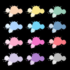 Set of colorful hand drawn abstract watercolor splashes paint splatter or brush strokes in black