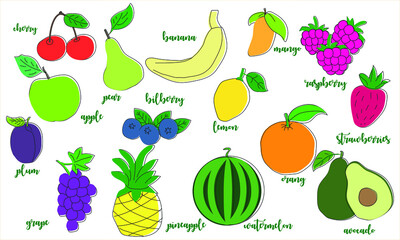 Icon set of berries and fruits (plum, pear, apple, cherry, grape, pineapple, banana, strawberry, mango, blueberry, watermelon, orange, raspberry, lemon, avocado) for menu, healthy eating.
