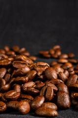 Natural background for Cafe menu or brochure template - macro photo of brown roasted coffee beans, close up