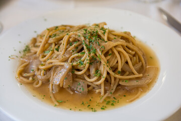 Italian Spaghetti with onions, served in a white plate