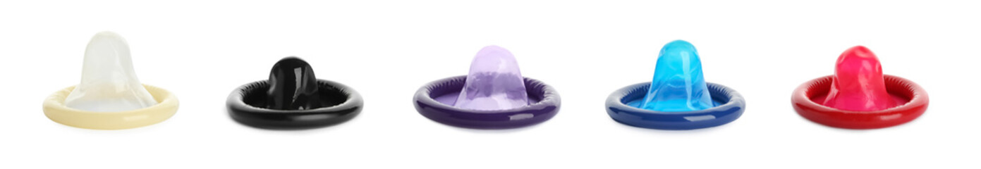 Set with different unpacked condoms on white background. Banner design