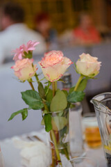 Beautifully decorated wedding table and other details at wedding hall. Wedding day.
