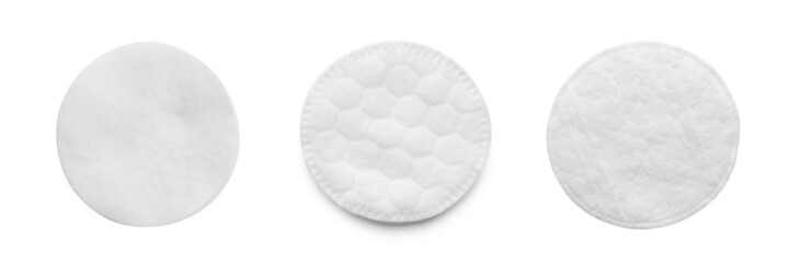Set with soft cotton pads on white background, top view. Banner design