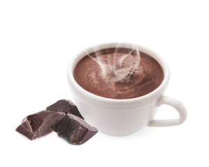 Cup of delicious hot chocolate on white background