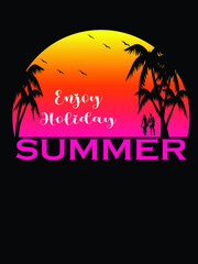  Enjoy Summer Holiday, Tropical Island With Tree Silhouette