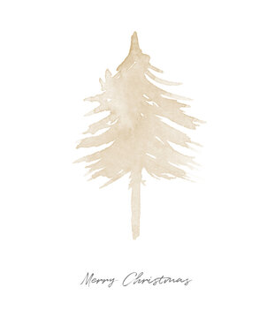 Merry Christmas Vector Card. Light Gold Christmas Tree and Christmas Wishes on a White Background. Winter Holidays Illustration with Watercolor Tree ideal for Card, Greeting, Wall Art, Banner.