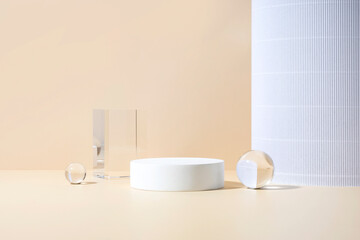 Cosmetic product showcase stand photography for online marketing include crystal ball and white stand on beige background