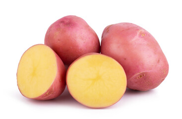 Whole and sliced potato, isolated on white background close up