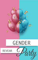 Template for a flyer with an invitation to the Gender reveal party.Pink and blue balloons with a golden spiral as a question symbol:Who will be born,girl or a boy.Vector realistic illustration.Concept