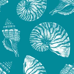 Zelfklevend Fotobehang Oceaandieren Hand getekend Marine overzicht naadloze patroon. Turkoois blauwe zeeschelp en Nautilus schelp. Onderwater dierlijke inktgravure. Zeeleven vector achtergrond voor mode print, textiel, inpakpapier