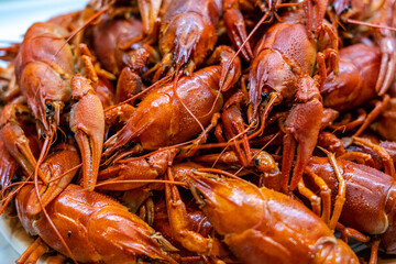 Close up of delicious red boiled crawfish/crayfish