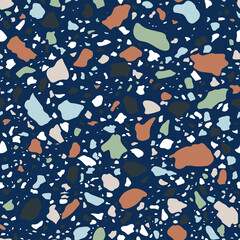 Seamless repeat stone vector texture. Blue terrazzo pattern with brown, blue, green, white and dark grey stones. Architectural material or flooring.