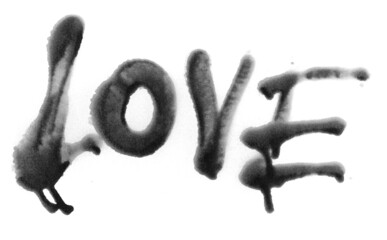 Black spray stain, word love isolated on white background, photo with clipping path