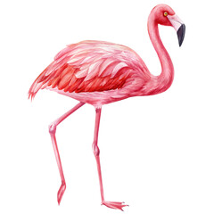 Flamingo on isolated white background, watercolor botanical illustration. Wildlife