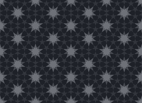 Five-pointed star pattern is arranged in a circle. Ten-pointed star is in the middle. Seamless abstract background monotone color. Texture design for textile, tile, poster, wall. Vector illustration.