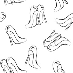 Seamless pattern. Drawn vector shoes. Black line on white background