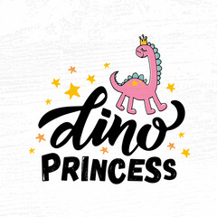 Hand sketched pink dino vector illustration with lettering typography. Concept for children t-shirt print. Pink dino logotype, badge, icon. Dinosaur logo, banner, flyer. eps 10. Vector illustration