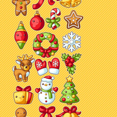 Sweet Merry Christmas seamless pattern. Cute characters and symbols. Holiday background in cartoon style.