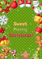 Sweet Merry Christmas decorative frame. Cute characters and symbols. Holiday background in cartoon style.
