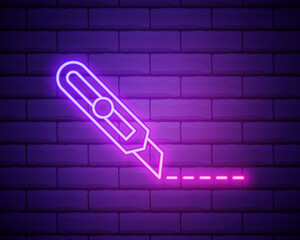 Glowing neon Stationery knife icon isolated on brick wall background. Office paper cutter. Vector Illustration