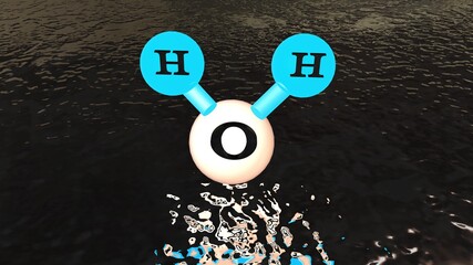 3D Illustration model of the water molecule H2O, H2O floating over water ,water chemical formula