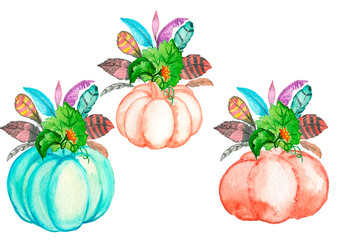 Watercolor illustration of a pumpkin decorated with sunflowers, berries, flowers and wheat ears isolated on a white background. Autumn location. Illustration of the Thanksgiving Day.Beautiful flower .