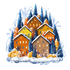Winter illustration with Christmas houses, different warm colors, Christmas trees decorated for New Year's Eve grow around illustration, for postcards or Christmas