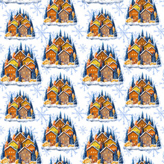 Seamless pattern on the theme of Christmas and winter, holiday, snow-covered houses drawn in digital style, small cute houses with snowflakes for a gift or decor