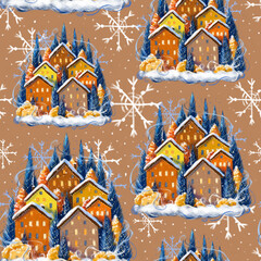 Seamless pattern on the theme of Christmas and winter, holiday, snow-covered houses drawn in digital style, small cute houses with snowflakes for a gift or decor on a light background