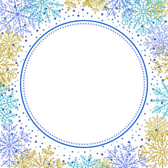 Winter frame with blue and golden arabesques and snowflakes. Fine greeting card. Pattern with snowflakes