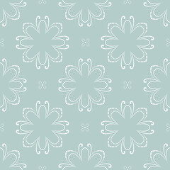 Floral ornament. Seamless abstract classic background with flowers. Pattern with white repeating floral elements. Ornament for fabric, wallpaper and packaging