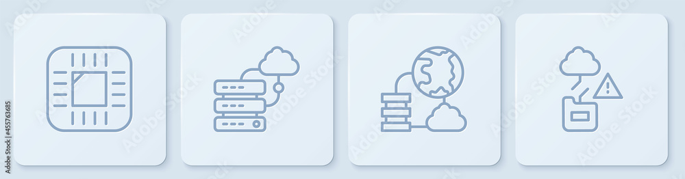 Aufkleber set line processor with cpu, network cloud connection, and cloud technology data transfer. white squ