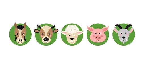 Cute farm animals. Cartoon pig, cow, horse, sheep, goat. Vector illustration