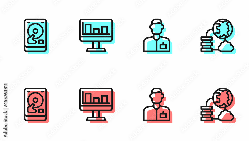 Poster set line analyst engineer, hard disk drive hdd, monitor with graph chart and network cloud connectio