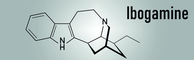 Ibogamine alkaloid molecule, found in Tabernanthe iboga. Skeletal formula.