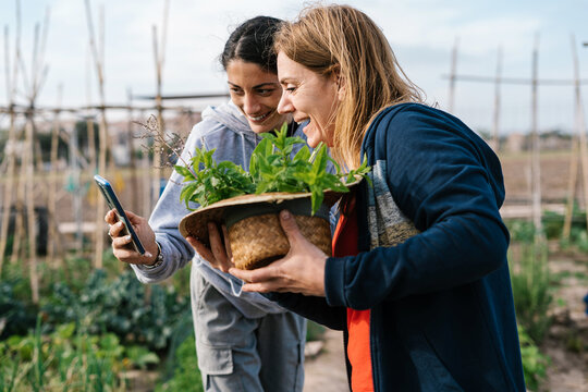 Happy diverse gardeners with smartphone