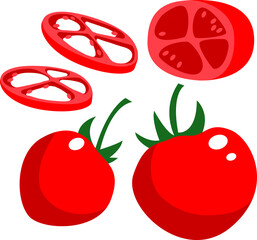 Vector fresh red tomatoes with green leaves. Whole and sliced. Isolated on white flat design elements for food, vegan, healthy life style design.