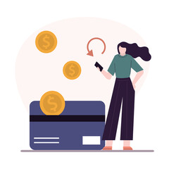 Cashback service and online money refund. Cartoon woman gets refund on credit or debit card. Concept of transfer money, e-commerce and saving account