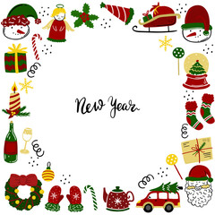 New year banner design with bright colorful hand drawn illustrations, christmas symbols made as background. Vector template for greeting card, social media post or print poster.