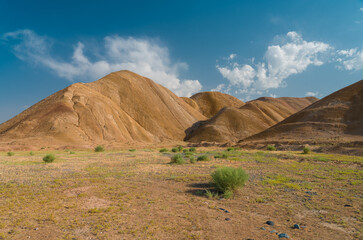 Yellow hills and blue sky with white clouds
