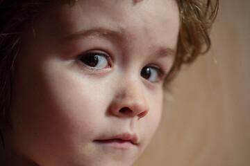 Portrait of amazed surprised little boy. Concept of kids face close-up. Head shoot children portrait.