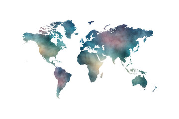 Illustration of world map with blue, brown, pink and turquoise colors on white background