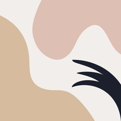 Colorful (navy blue, beige, brown) abstract art composition with wavy shapes on pastel grey background