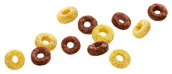 Falling chocolate corn rings isolated on white background