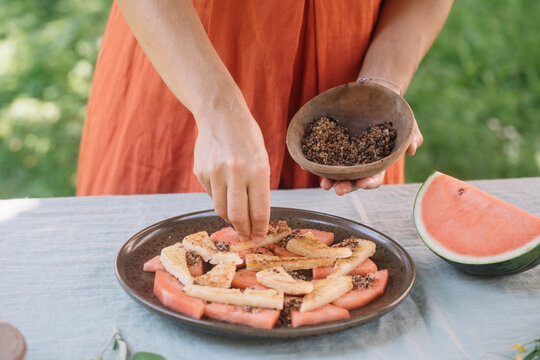 Anonymous Woman Finishing Watermelon Vegan Appetizer 