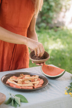 Anonymous Woman Finishing Watermelon Vegan Appetizer 