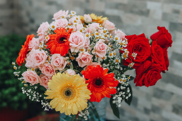 
Wedding bouquet of flowers in a basket
